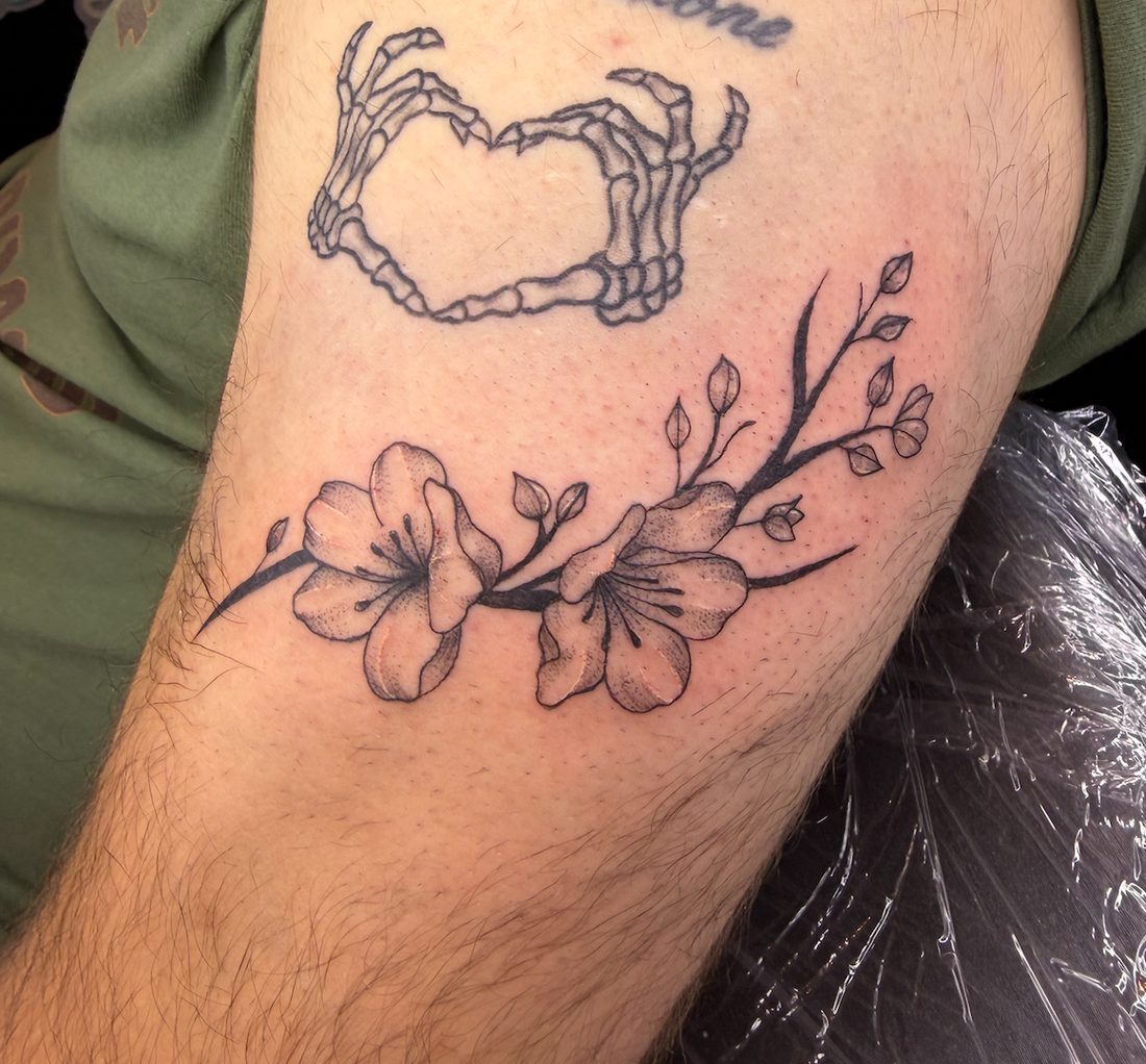 Cherry blossom branch, black and grey tattoo